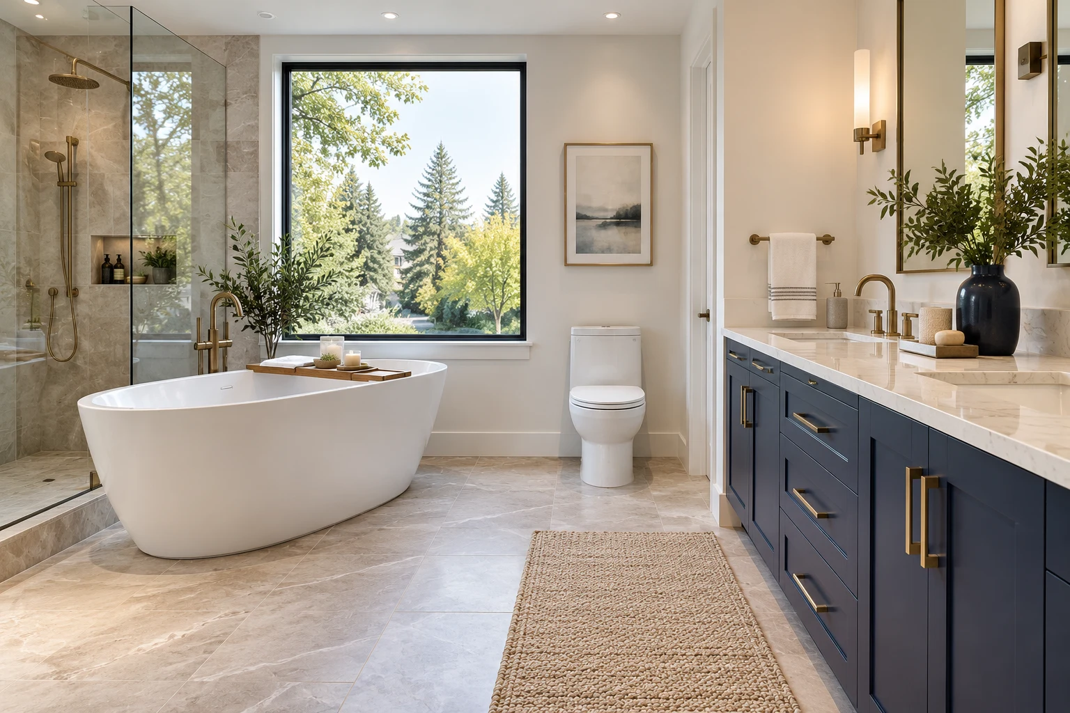 Bright modern bathroom with freestanding bath and vanity