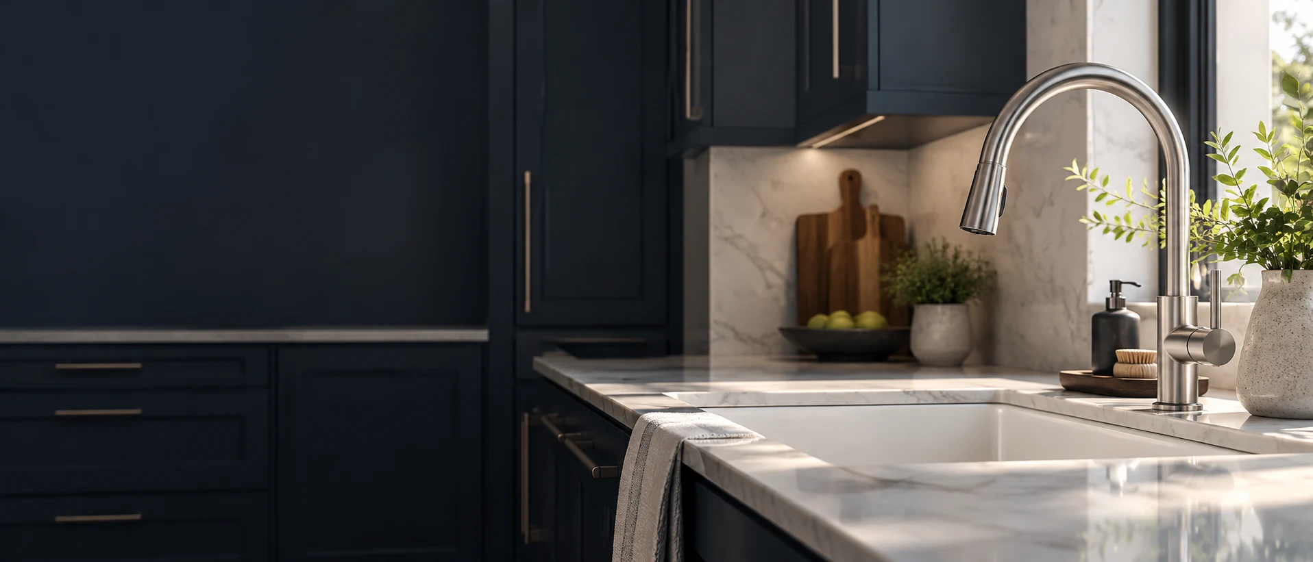 Modern kitchen with a brushed steel faucet