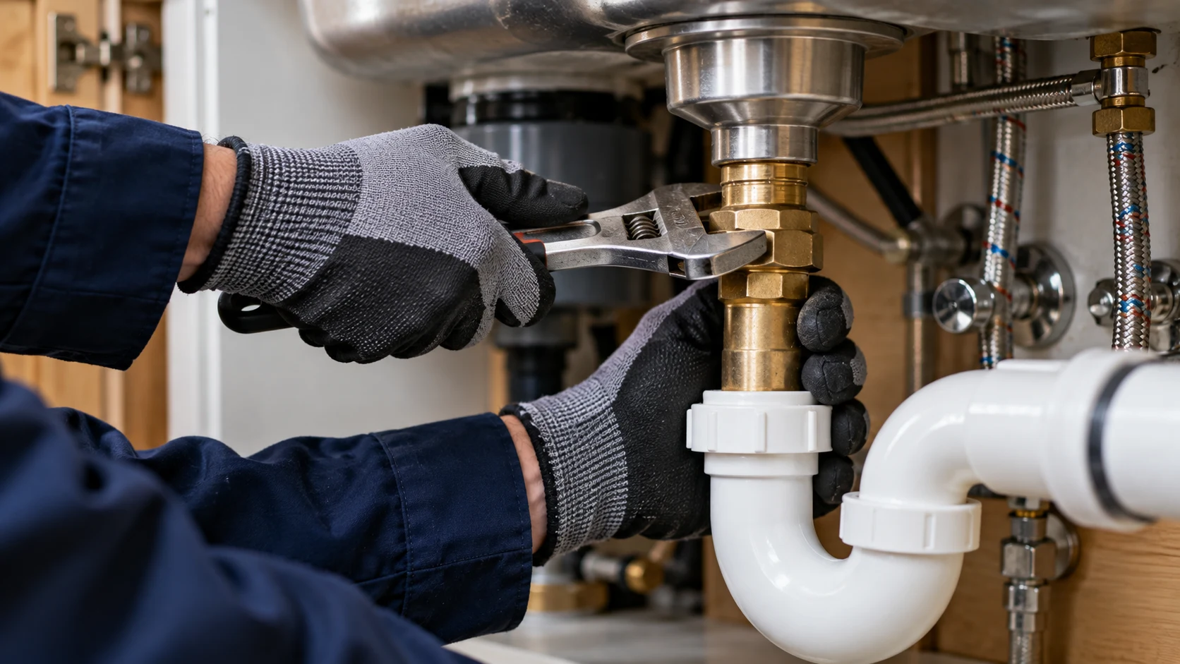 Gloved hands using a wrench on a plumbing fitting