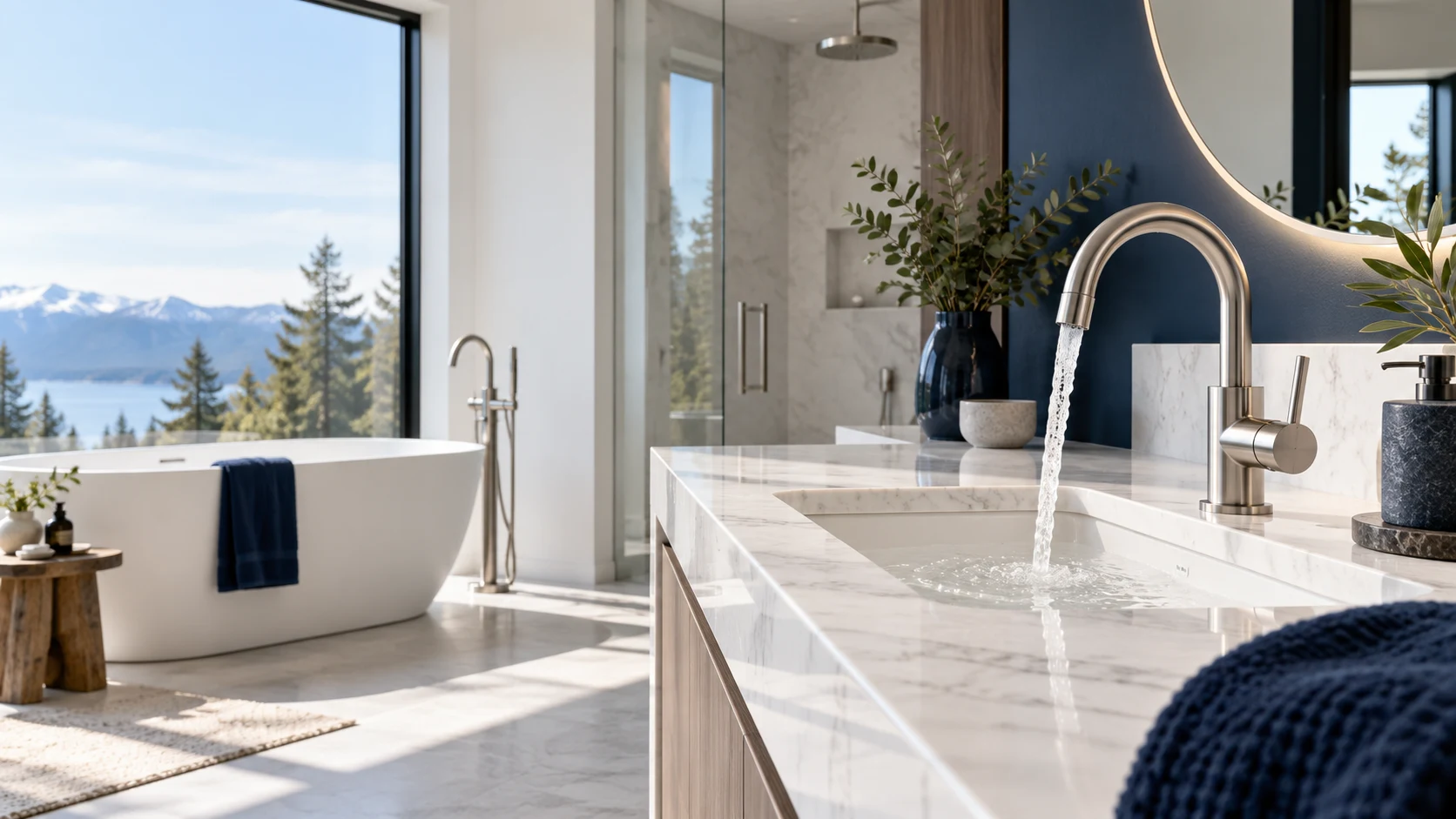Contemporary vanity with a chrome faucet